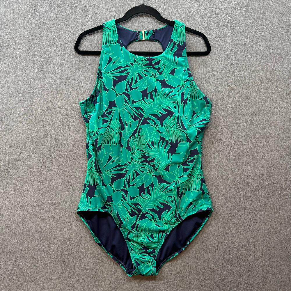 Lands End Botanical Print High Neck One Piece Swimsuit Womens XXL Green Resort